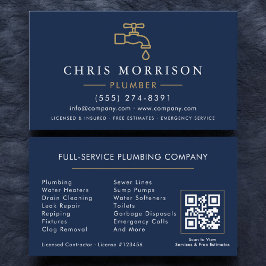 Minimalist Plumber Navy Blue Gold QR Code Visitkort