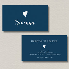 Minimalist Prussian Blue White Heart Barber Name Visitkort