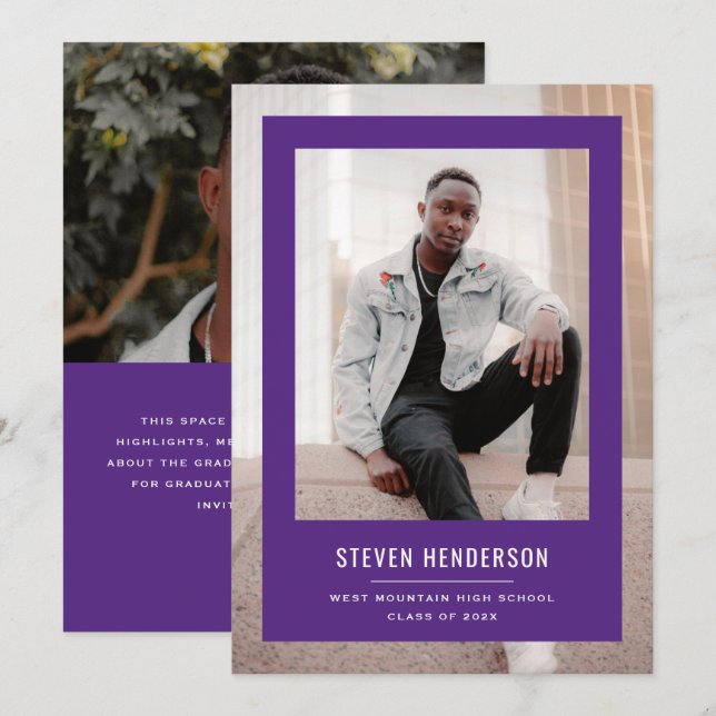 Minimalist Purple Frame Graduation Announcement Inbjudningar (Fram/baksida)