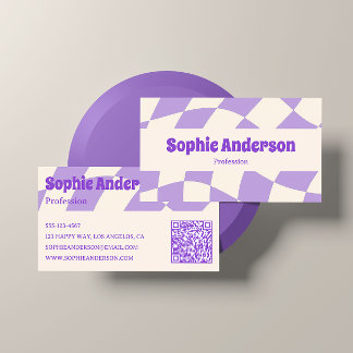 Minimalist Purple Retro Wavy Pattern QR Code  Visitkort