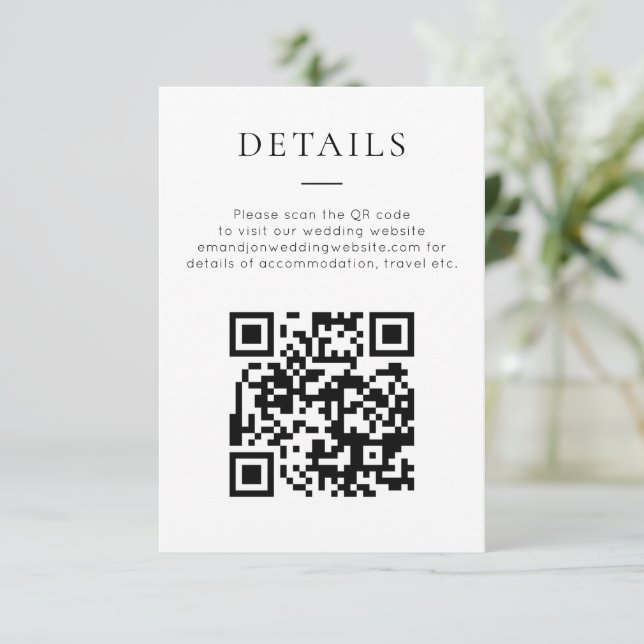 Minimalist QR Code Black White Wedding Details Tilläggskort (Stående Fram)