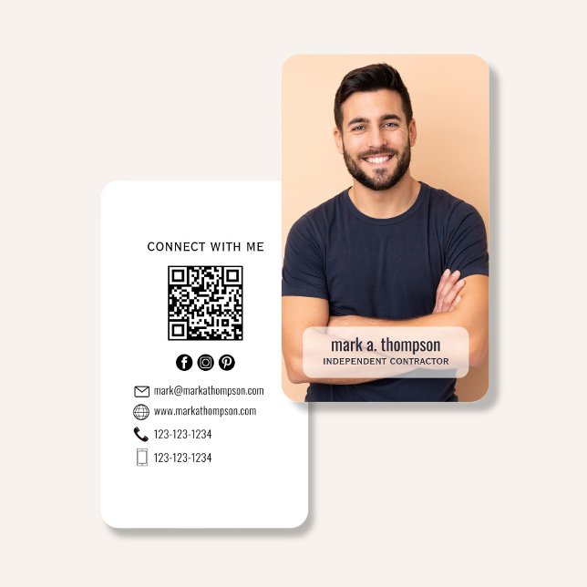 Minimalist QR Code Photo Connect Modern White Visitkort (Minimalist white QR code business card with photo and clean modern black typography)