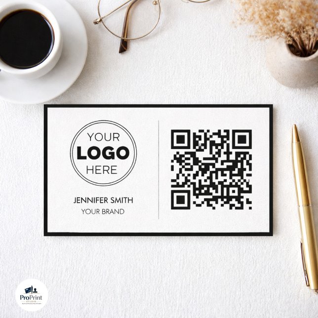 Minimalist QR Code Professional Design Visitkort (Modern business card on texture with logo, QR code, coffee, glasses, and gold pen.)