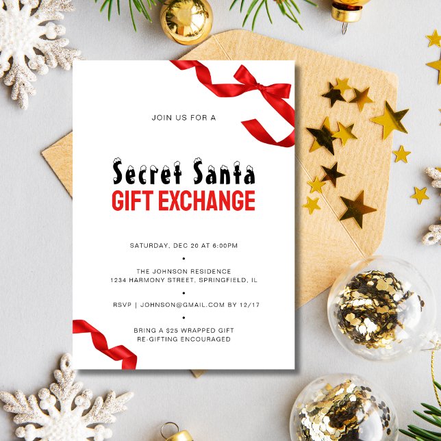 Minimalist Red Bow Secret Santa Gift Exchange Inbjudningar (Minimalist Red Bow Secret Santa Gift Exchange Invitation)