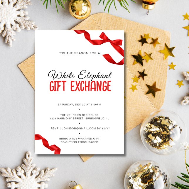 Minimalist Red Bow White Elephant Gift Exchange Inbjudningar (Minimalist Red Bow White Elephant Gift Exchange Invitation)
