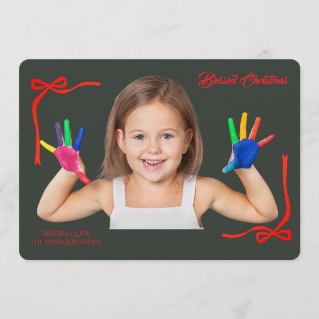 Minimalist Red Bows Blessing Christmas Handwriting Inbjudningar (Framsida)