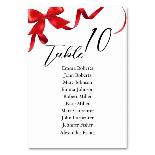 Minimalist Red Gift bow Wedding Seating Plan Bordsnummer (Framsidan)
