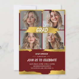 Minimalist Red Gold 4Photo Graduation Party  Inbjudningar