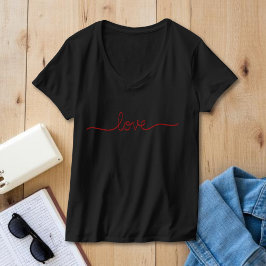 Minimalist Red Love Script Black V-Neck T-Shirt