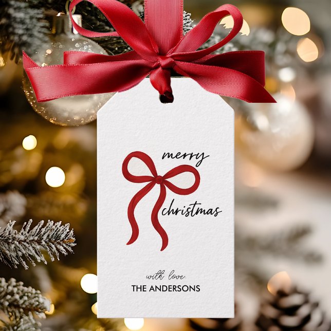 Minimalist Red Ribbon Bow Merry Christmas  Presentetikett (Skapare uppladdad)