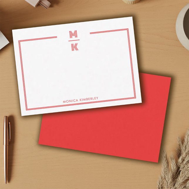 Minimalist Red Two Border Monogram Note Card Anteckningskort (Minimalist Red Two Border Monogram Note Card)
