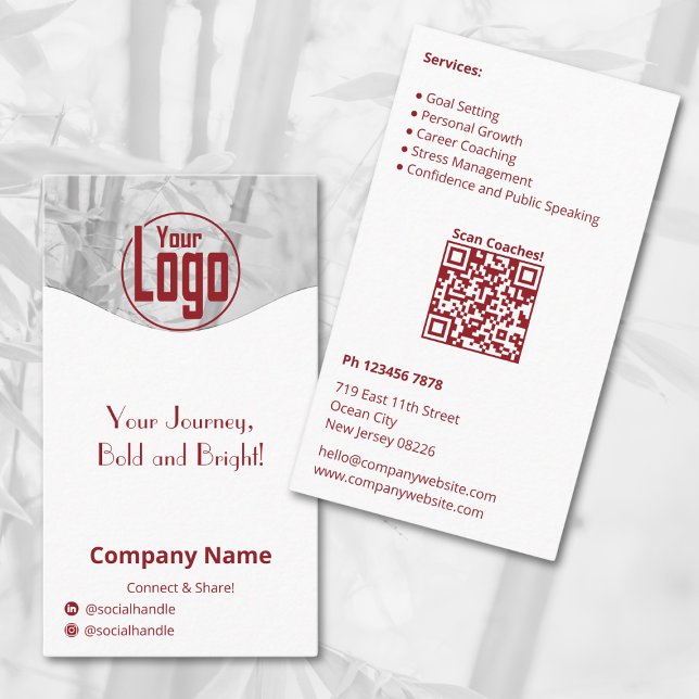 Minimalist Red White Life Coach Company Visitkort (Minimalist Red White Life Coach Company Business Card, Logo, Motto, Social, QR code, Service List)