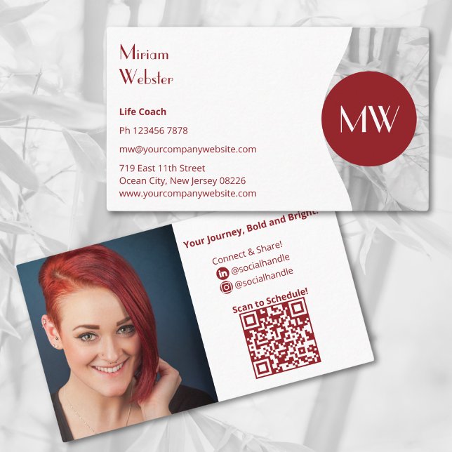 Minimalist Red White Life Coach Personal Visitkort (Minimalist Red White Life Coach Personal Business Card, Profile Photo, QR code, Initials)