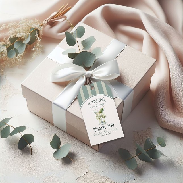 Minimalist Retro Bow Tini One Martini Baby Shower Presentetikett (Skapare uppladdad)