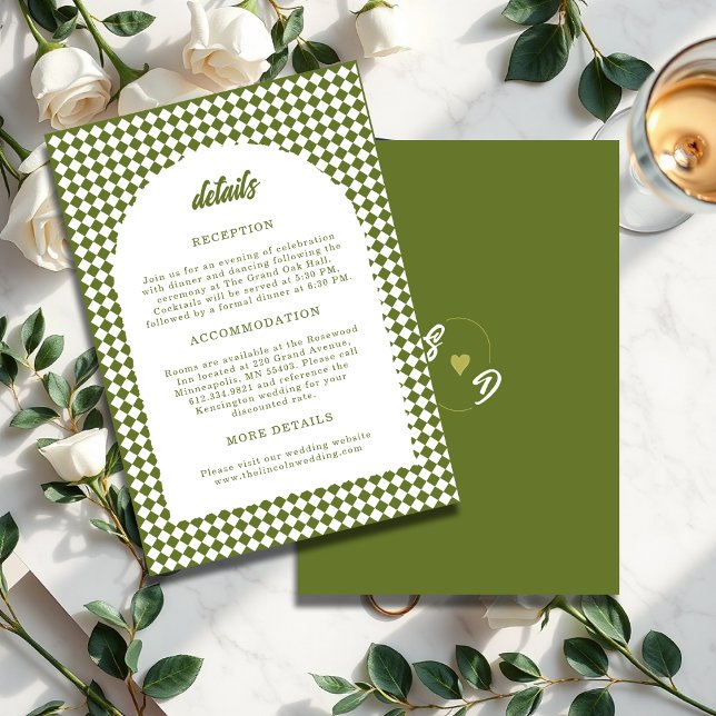 Minimalist Retro Olive green Arch Checker Wedding Tilläggskort (Skapare uppladdad)