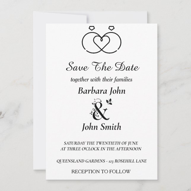 Minimalist Rings Heart Wedding Save The Date  Inbjudningar (Framsida)