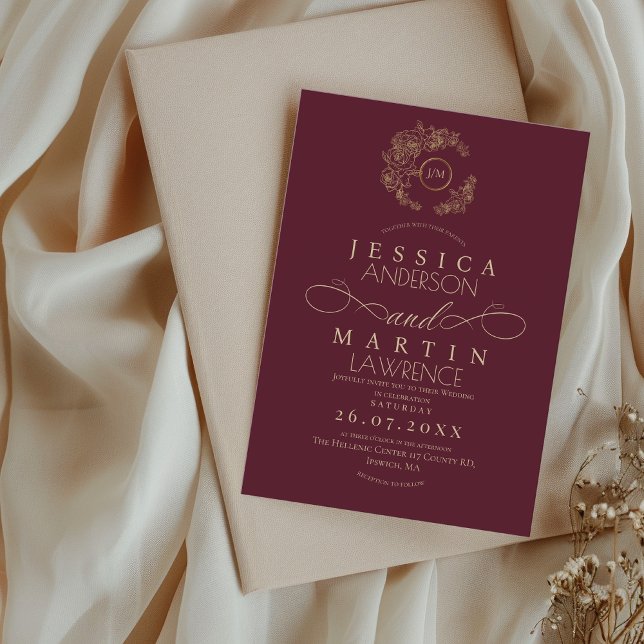 Minimalist Romantic Script Burgundy Gold Wedding  Inbjudningar (Skapare uppladdad)