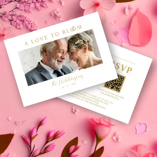 Minimalist Romantic Wedding Anniversary in Gold OSA Kort (Minimalist Romantic Wedding Anniversary in Faux Gold Photo RSVP Card. )