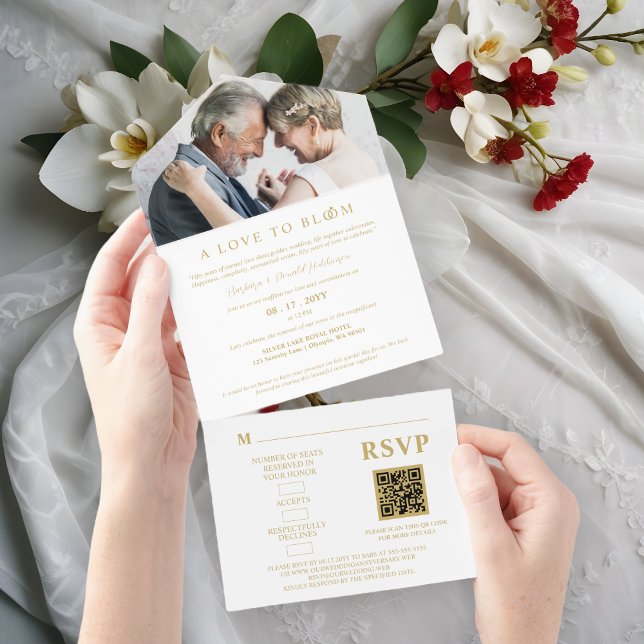 Minimalist Romantic Wedding Photo Anniversary (Minimalist Romantic Wedding Photo Anniversary in Faux Gold All in One Invitation with QR Code. )