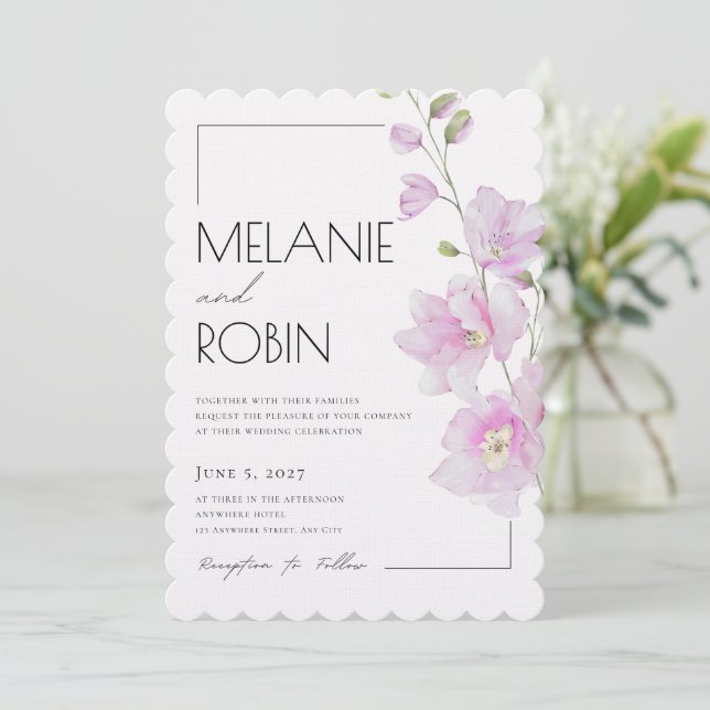 Minimalist Rosa Bröllopsinbjudan med Blommor Inbjudningar (Stående Fram)