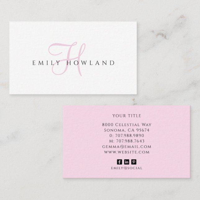 Minimalist Rosa Skript Monogram Namn  Visitkort (Fram/baksida)
