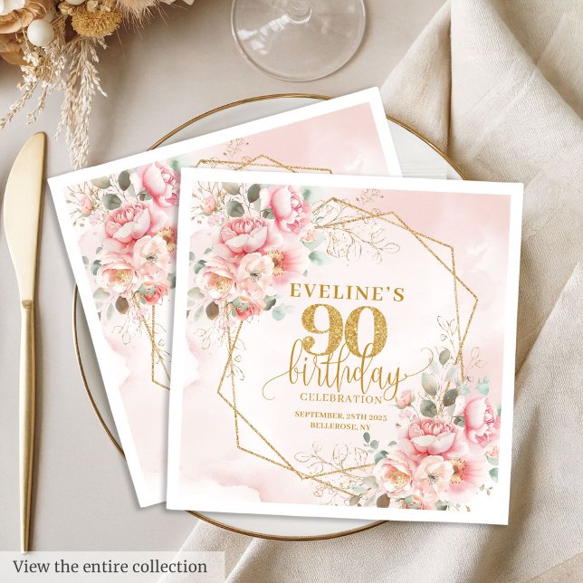 Minimalist rosablommig 90-årsfest pappersservett (Minimalist blush pink floral 90th birthday party Napkins)
