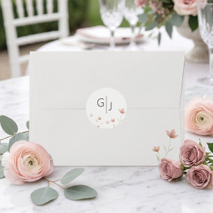 Minimalist rosabruna blomster monogram bröllop runt klistermärke