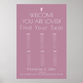 Minimalist rosabrunt hjärta bröllops sittplatskart poster