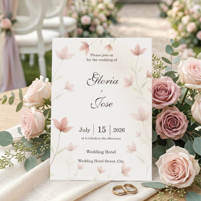 Minimalist rosabruten blomster elegant bröllop inbjudningar (Soft blush floral wedding invite. Elegant & romantic design for your big day.)
