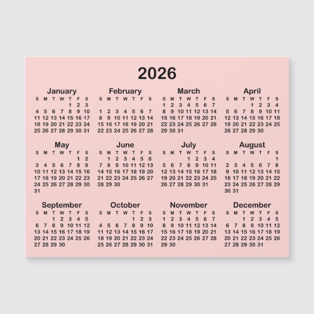 Minimalist rosé och svart 2026 magnetisk kalender (Framsida)