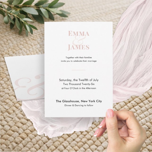 Minimalist rosé vigelinvitation | QR-kod Inbjudningar (Minimalist blush wedding invitation with modern layout, soft accents, and refined design.)