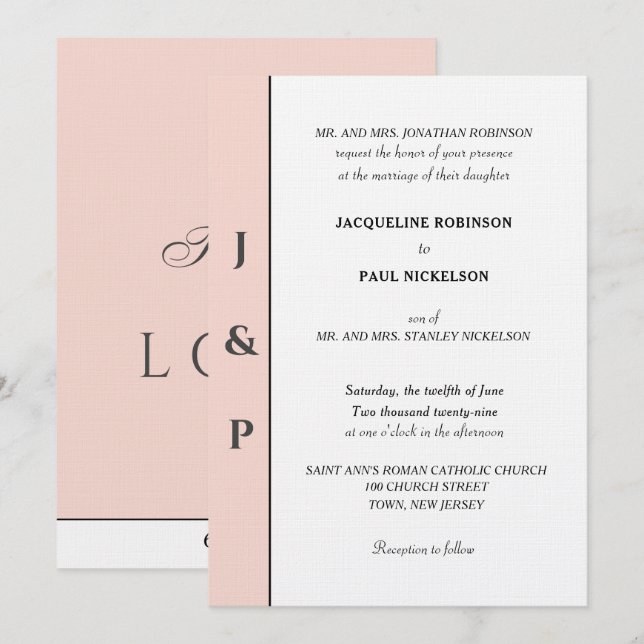 Minimalist rosé vit monogram  inbjudningar (Fram/baksida)