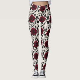 Minimalist Roses In Black And Deep Red On A Cream Leggings