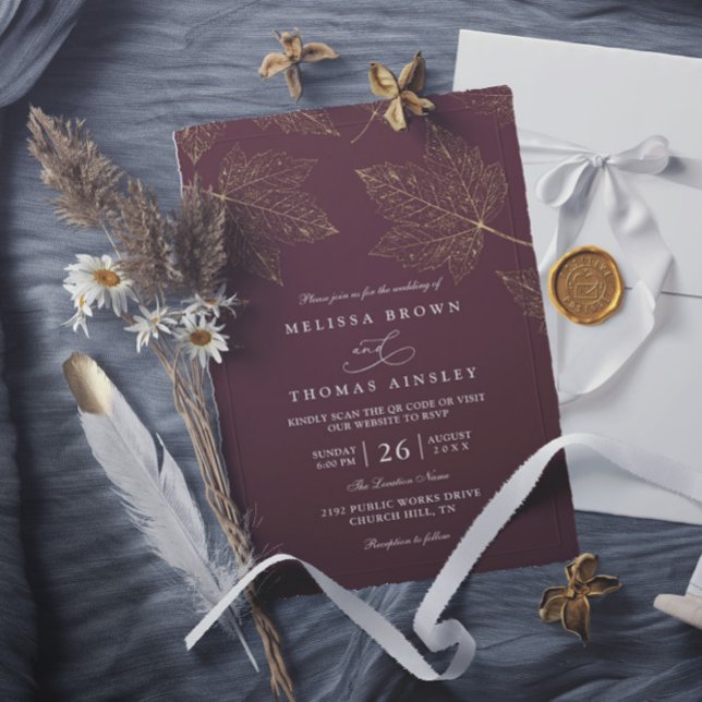 Minimalist Rustic Gilded Maple QR Code Wedding Inbjudningar (Skapare uppladdad)