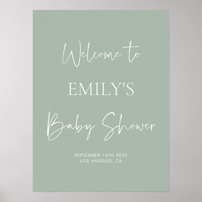 Minimalist Sage Green Baby Shower Welcome Sign Poster (Framsidan)