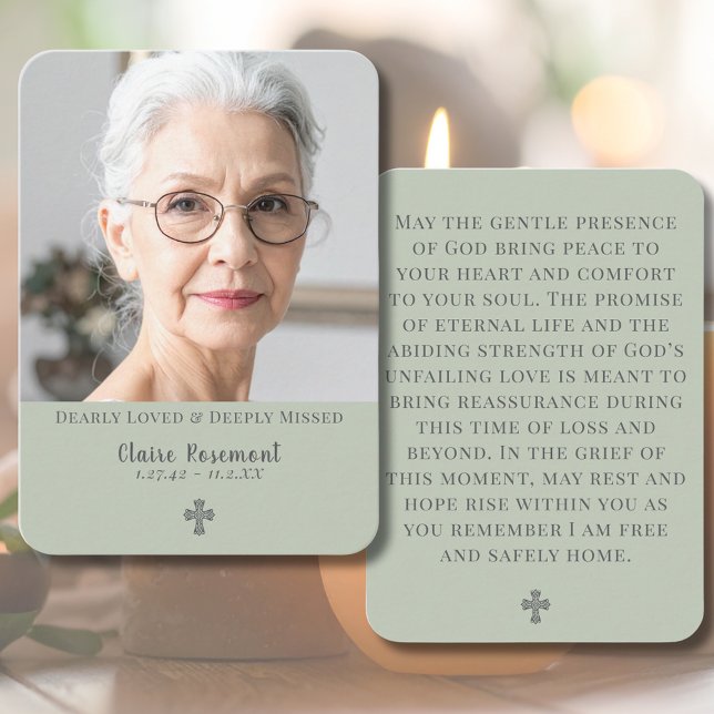Minimalist Sage Green Funeral Prayer Card Visitkort (Minimalist Sage Green Funeral Prayer Card
)
