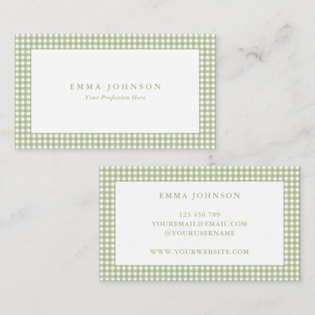 Minimalist Sage Green Gingham Plaid Visitkort (Fram/baksida)
