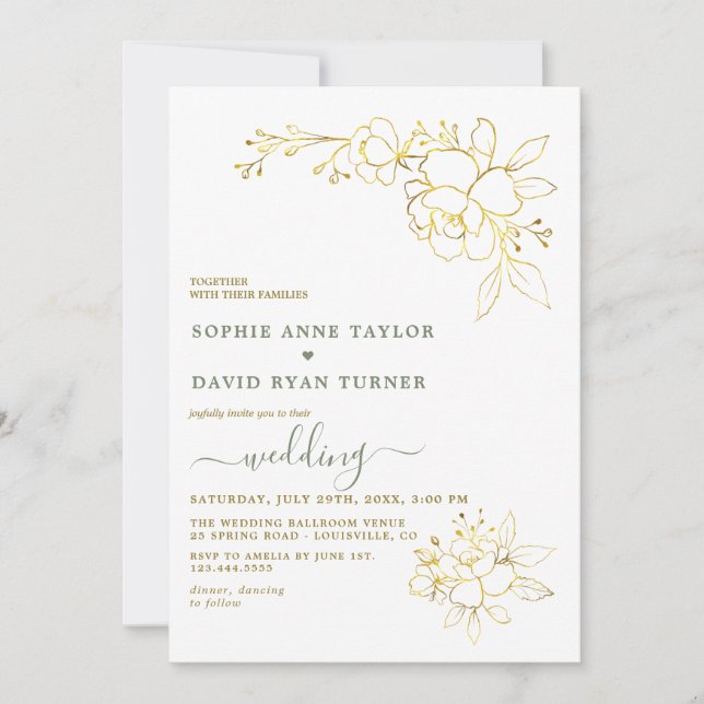 Minimalist Sage Green Gold Flowers Wedding Inbjudningar (Framsida)