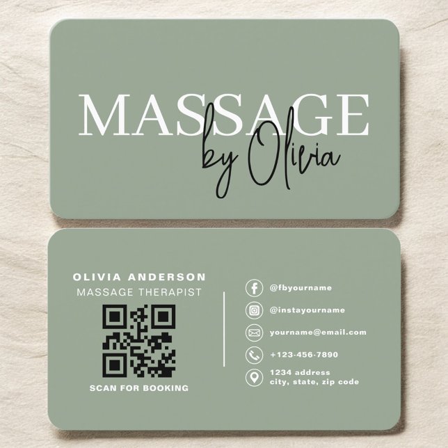 Minimalist Sage Green Spa Massage QR Code Visitkort (Skapare uppladdad)