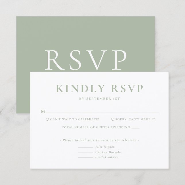 Minimalist Sage Green Wedding RSVP Card OSA Kort (Fram/baksida)