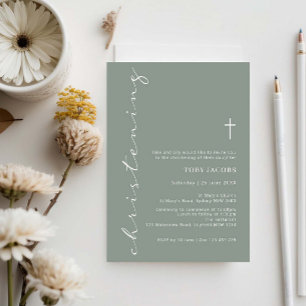 Minimalist Sage Typography Christening Inbjudningar