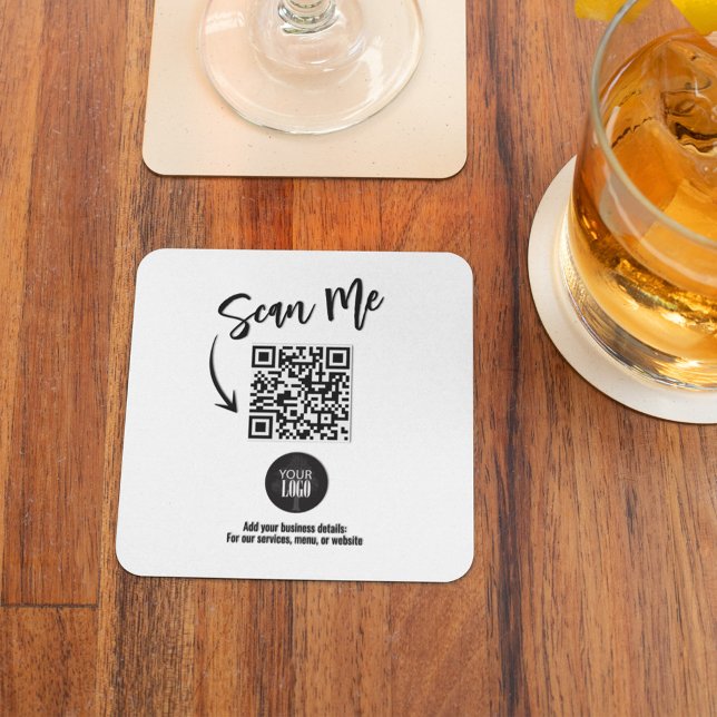 Minimalist Scan Me QR Code Business Logo Design Underlägg Papper Kvadrat (Modern business QR code coaster for branding and menus.)