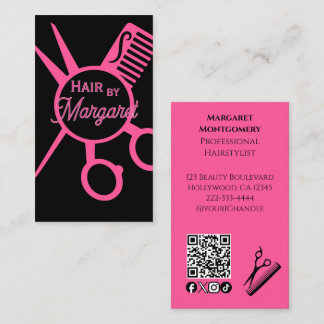 Minimalist Scissors Pink Black QR Code Hair Salon Visitkort