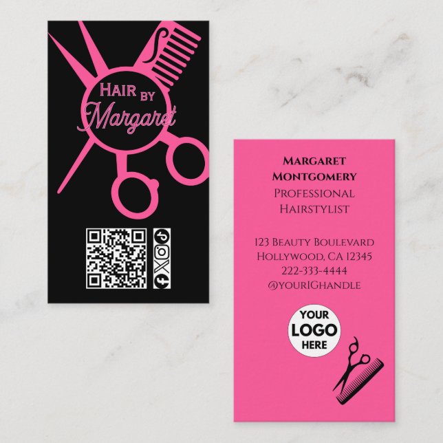 Minimalist Scissors Pink Black QR Code Hair Salon Visitkort (Fram/baksida)