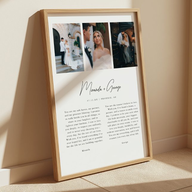 Minimalist Script 3-Photo Custom Wedding Vows Poster (Skapare uppladdad)