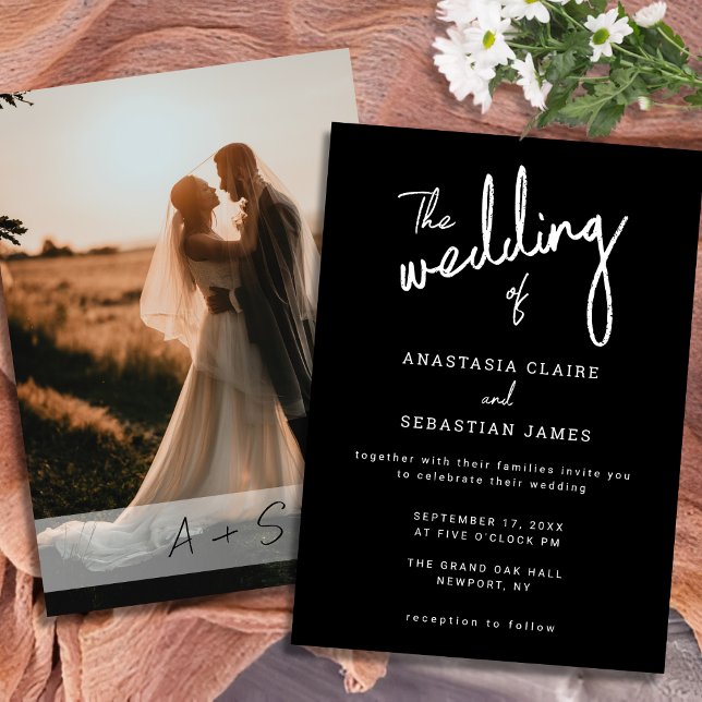 Minimalist Script Black and White Photo Wedding Inbjudningar (Minimalist Script Black and White Photo Wedding Invitation)