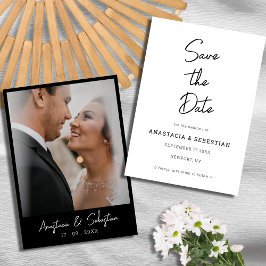 Minimalist Script Black & White Photo Wedding Spara Datumet