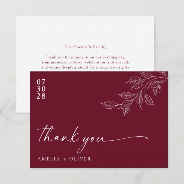 Minimalist Script Burgundy Botanical Wedding Tack Kort (Fram/baksida)