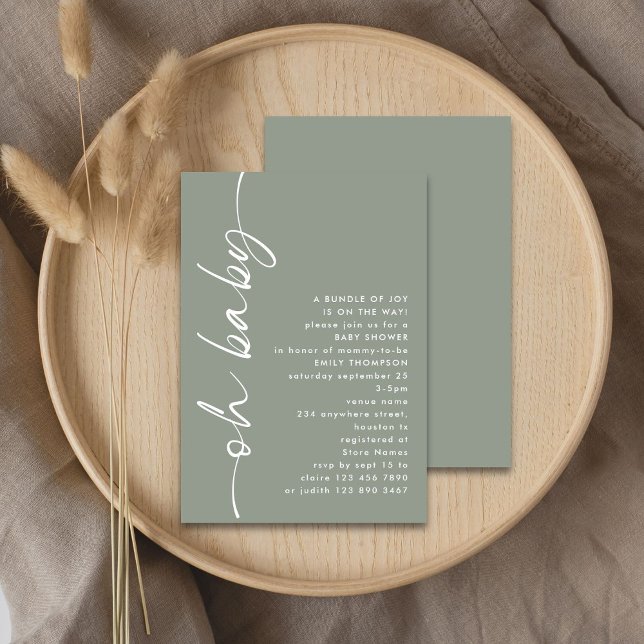 Minimalist Script Girl eller Boy Sage Oh Baby Show Inbjudningar (Front and back view)