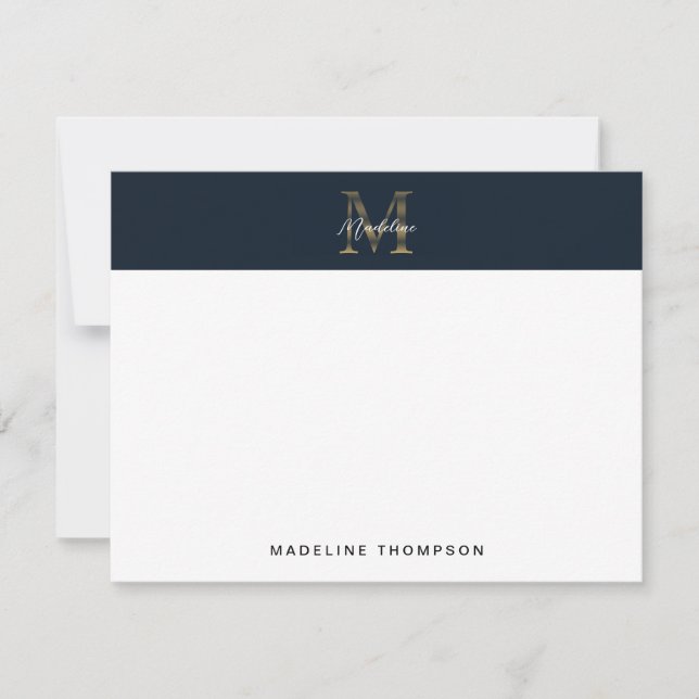 Minimalist Script Metallic Navy Blue Gold Monogram Anteckningskort (Framsida)